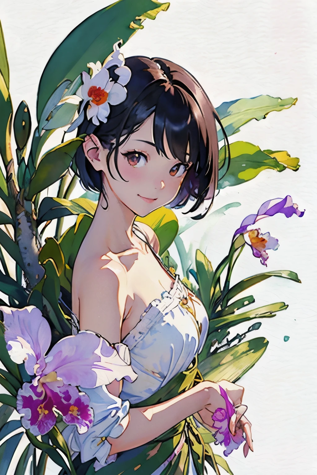 (highest quality、High resolution、masterpiece)、4K Anime Art、((Cattleya, Three Flowers, close, whole body, full bloom, ))、(Portrait、Upper Body、woman、20-year-old、Short Hair、A kind smile、Small breasts)、Soft Focus、((Sargent-style watercolor))、((White Background))、(No background)、Blur the background、
