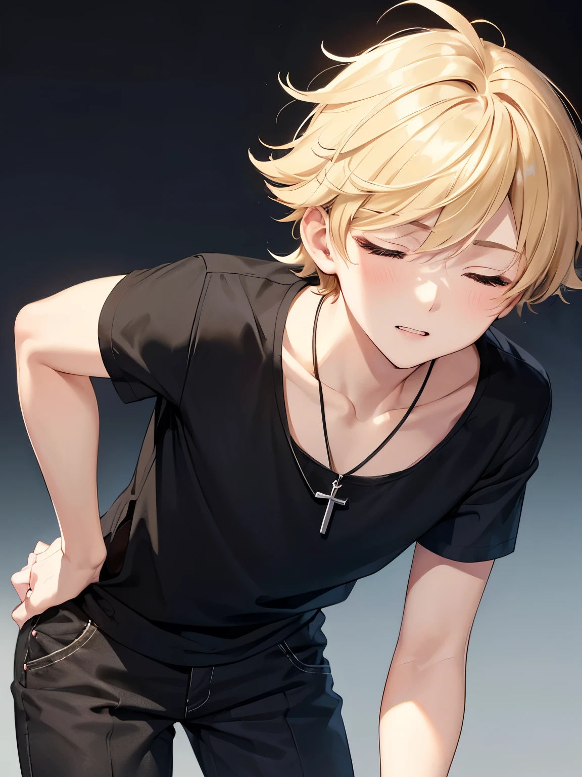 1boy,handsome,18 years old,plain t-shirt,Bent over, closed eyes,Perfect face, HD face, ultra detailed face, short hair, blonde hair, messy hair, vampire, black t-shirt,black t-shirt,plain t-shirt,short sleeve t-shirt, black trousers, cross necklace,ultra detailed, ultra HD