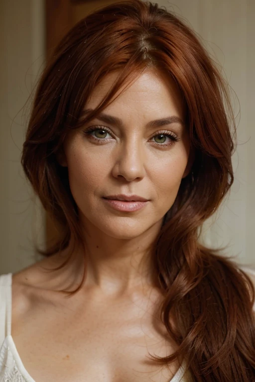 beautiful red hair 55 year old model with hispanic appearance. olive complexion and green eyes