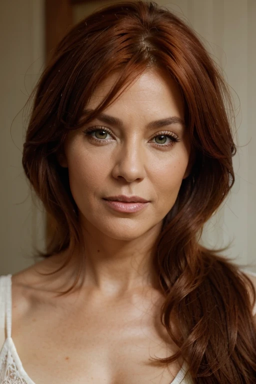 beautiful red hair 55 year old model with hispanic appearance. olive complexion and green eyes