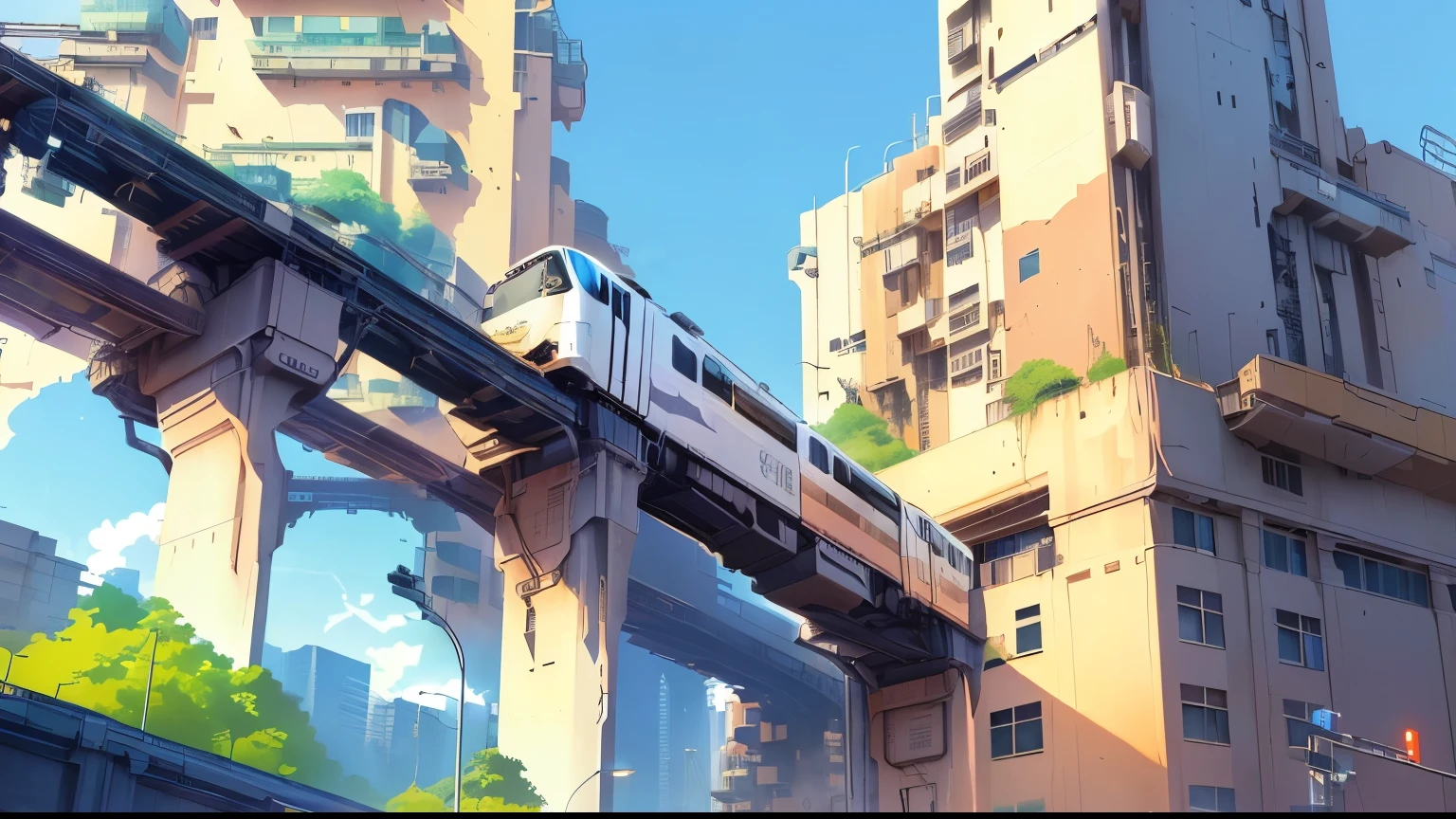 A train is passing a bridge in the city, Urban concept art, cyberpunk elevated train, Monorail, Low Detail. number, 详细的number概念艺术, Anime style cityscape, author：sylvain sarrailh, Ross Chen. Landscape background, 4k hd illustration wallpaper, A beautiful artistic illustration, concept art wallpaper 4k