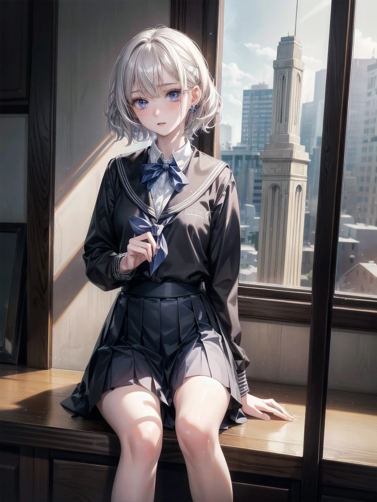 school_uniform, absurdres, RAW photo, extremely delicate and beautiful, masterpiece, Best Quality, ultra high resolution, 32k, hyperrealistic, ultra-detailed, detailed description, pale skin, 20 years old, tearful mole, earring, short medium hair, wavy hair, whole body shot,