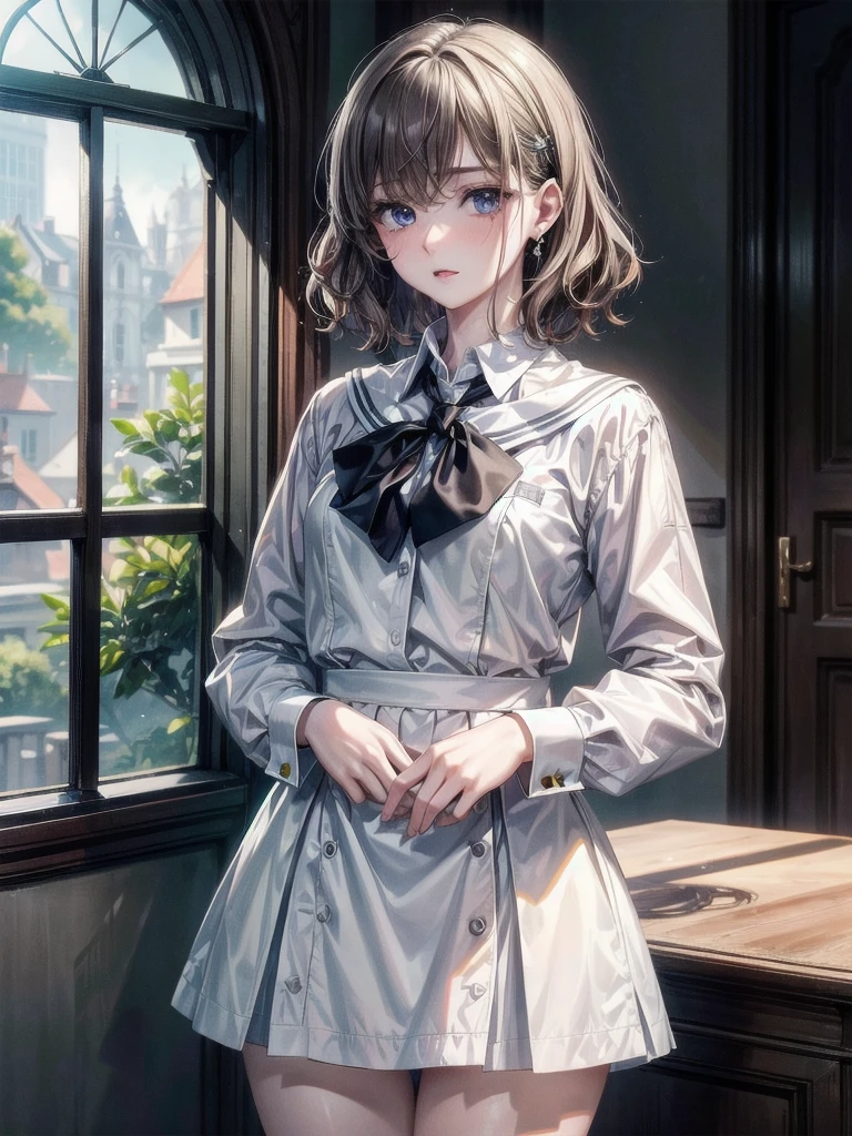 school_uniform, absurdres, RAW photo, extremely delicate and beautiful, masterpiece, Best Quality, ultra high resolution, 32k, hyperrealistic, ultra-detailed, detailed description, pale skin, 20 years old, tearful mole, earring, short medium hair, wavy hair, whole body shot,