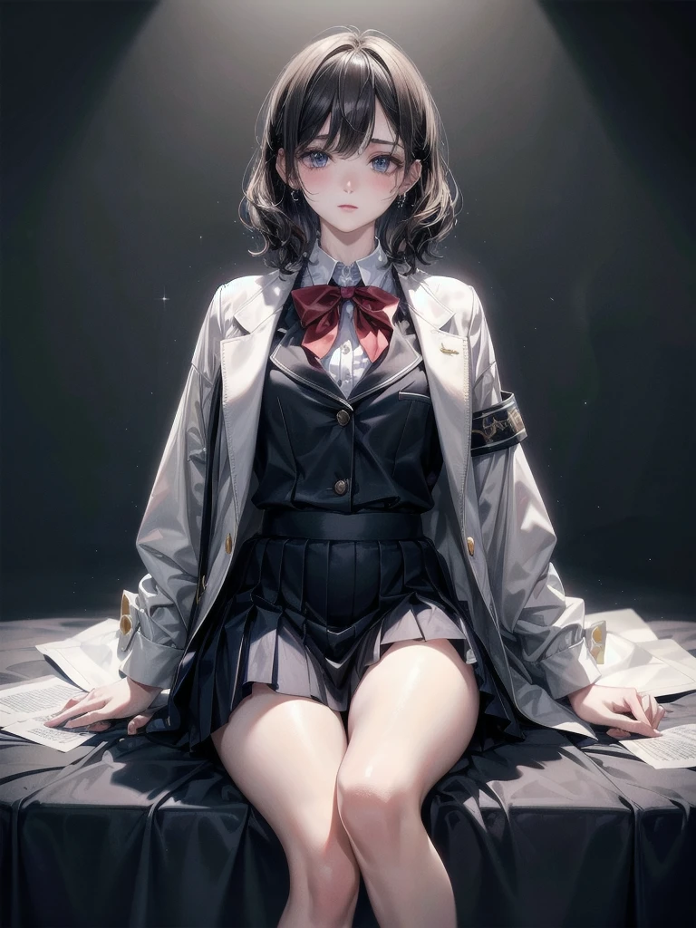 school_uniform, absurdres, RAW photo, extremely delicate and beautiful, masterpiece, Best Quality, ultra high resolution, 32k, hyperrealistic, ultra-detailed, detailed description, pale skin, 20 years old, tearful mole, earring, short medium hair, wavy hair, whole body shot,
