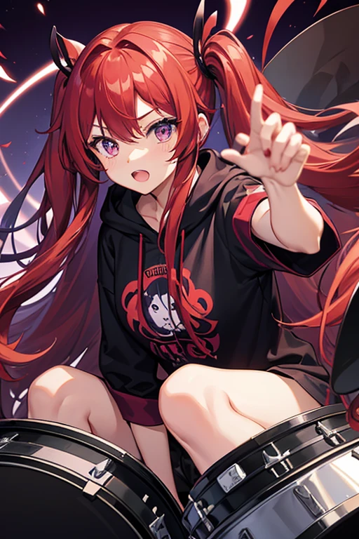 background through, long hair、straight hair、Crimson red hair girl, purple eyes、Super high quality, 8K、Upper body、purple background、drummer、black hoodie、purple drum、big tits, Crimson red-haired girl、black hoodie、playing drum, drum stick, playing drum,twintails