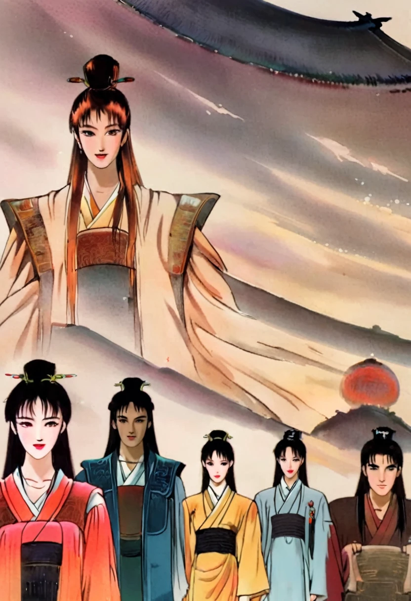 "High quality more kinda anime look and feel Young very attractive very incredibly handsome a little vaporwave and beautiful looking youths male and females in kinda smaller groups settings with a DIVERSE VARIETY and whole ranges of different variations version of physical looks and types and appearances of Ancient China from 20 right into their 30s maybe also somewhat younger included Chinese in Ancient China very clearly sharply detailed in a clear defined way in dress and the fashions of very early Ancient China very precise clear detailed down to the smallest details for whole picture and each image with vivid bright lush luxuriant colors tones shades and a variety of classes real like realistic authentic also with natural dark chestnut and dark brown hair shades included in realistic real like way