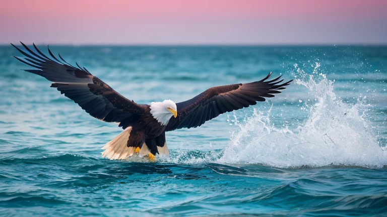 bald eagle, mid-dive into azure waters, dynamic flow of water varied droplets, creating a sense of motion, blending of vibrant blues and greens around the feathers and water's surface, contrast against the subtle oranges and pink of sunset sky in the background