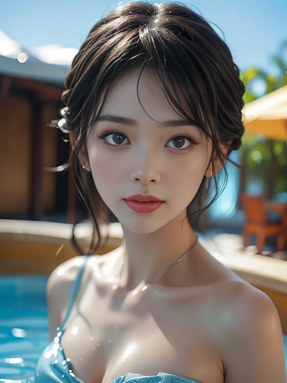 ((Highest quality, super detailed, super delicate)), ((Real: 1.37) ), ((Characteristic description of the face, precise expression)), Beautiful eyes, Beautiful eyes, Realistic eyes, Big eyes, Moisture eyes with eyes,
A beautiful woman alone, sunny weather, blue sky, clear blue water, micro bikini, black bikini, ruffled bikini, toned body, elastic buttocks, full body description, bright smile, looking at the camera, hotel pool,