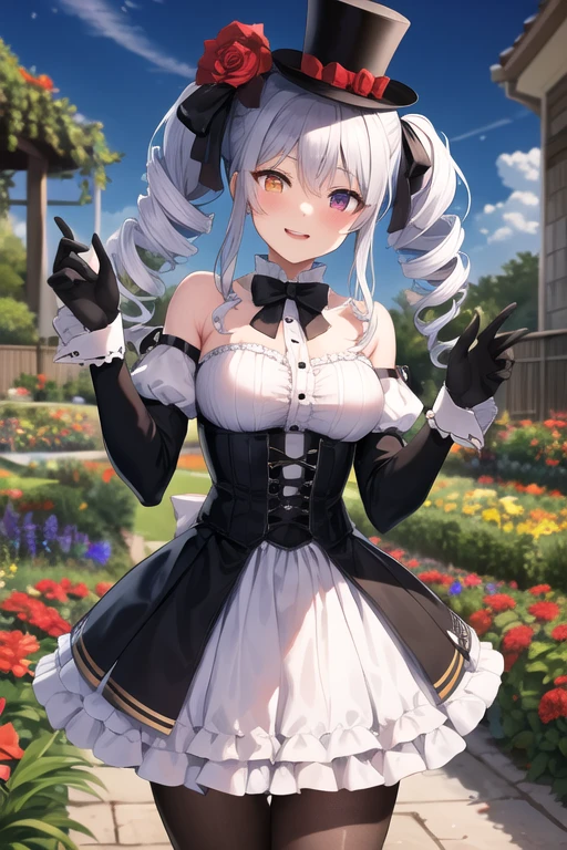 masterpiece, highest quality, High resolution, dd Marine, Twin tails, Drill Hair, Top Hat, Hat Flower, Heterochromia iridis, Black bow tie, Underbust, Exposing shoulders, Frills, Black Ribbon, Red dress, Removable sleeves, Red Sleeves, Long sleeve, corset, Black gloves, pantyhose, Are standing, Cowboy Shot, garden,