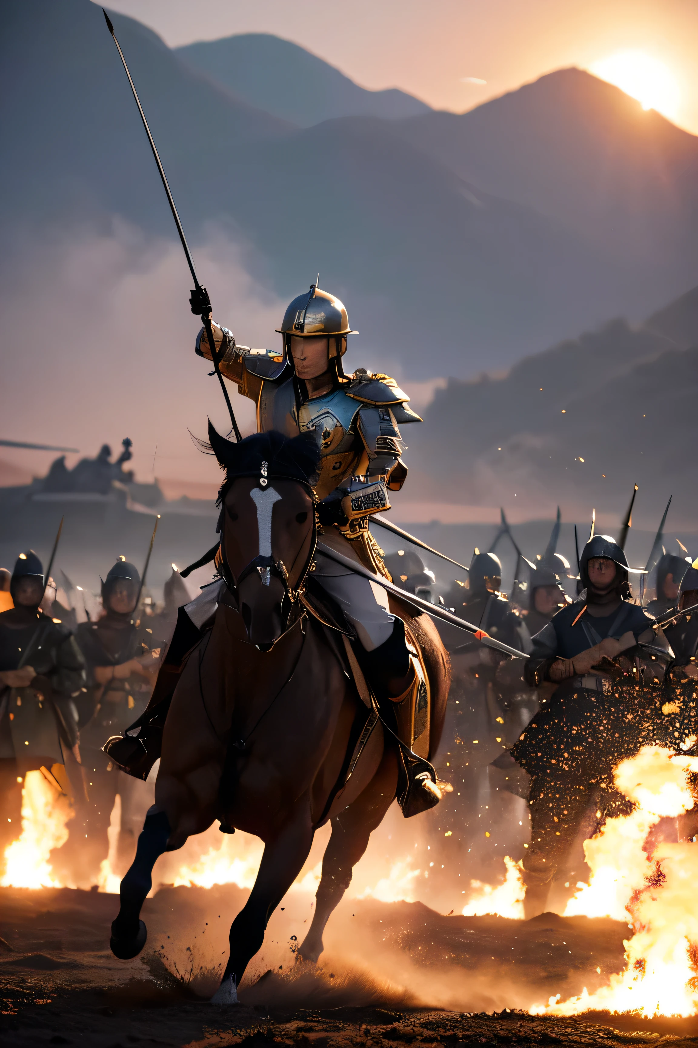 ,The dim sunset glow fills the sky,Reflecting a magnificent war picture。
In the center of the picture,An ancient emperor stood in the middle,He was wearing golden armor.,The armor is inlaid with gems and exquisite dragon patterns,Flashing with a cold light。The emperor's face is firm and majestic,Eyes shining,Revealing the victory。He held a long sword in his hand.,The body of the sword is slender and sharp,The tip of the sword points to the distance,As if it could penetrate all obstacles。
Behind the Emperor,Thousands of soldiers,They are neatly arranged,Like a sea of steel。Soldiers in uniform,Holding a spear、Bows and arrows and other weapons,Firm and sharp eyes。Their steps are in unison,The footsteps are earth-shaking,Demonstrates strong momentum and fighting power。
On the battlefield,Smoke billowing out,The sound of horse hooves was deafening。The enemy camp in the distance is also faintly visible,Flags flying,Drums。However,In front of this huge army,The enemy seemed insignificant.。The emperor led a horrible force,Overwhelming。
In the details of the picture,You can see the determination and resoluteness on the soldiers' faces.,Their eyes were filled with loyalty to the emperor and for victory.。The emperor remained calm,The gaze is like a torch,It seems that we have seen the dawn of victory。
The whole picture is full of tense and intense atmosphere,But without losing order and beauty。The emperor's figure seemed particularly tall and majestic among the thousands of troops.,He is like an unshakable mountain.,Leading the soldiers forward。This picture not only shows the spectacular scene of the battlefield,It more profoundly demonstrates the loyalty and responsibility of the emperor and soldiers to the country and the nation.。