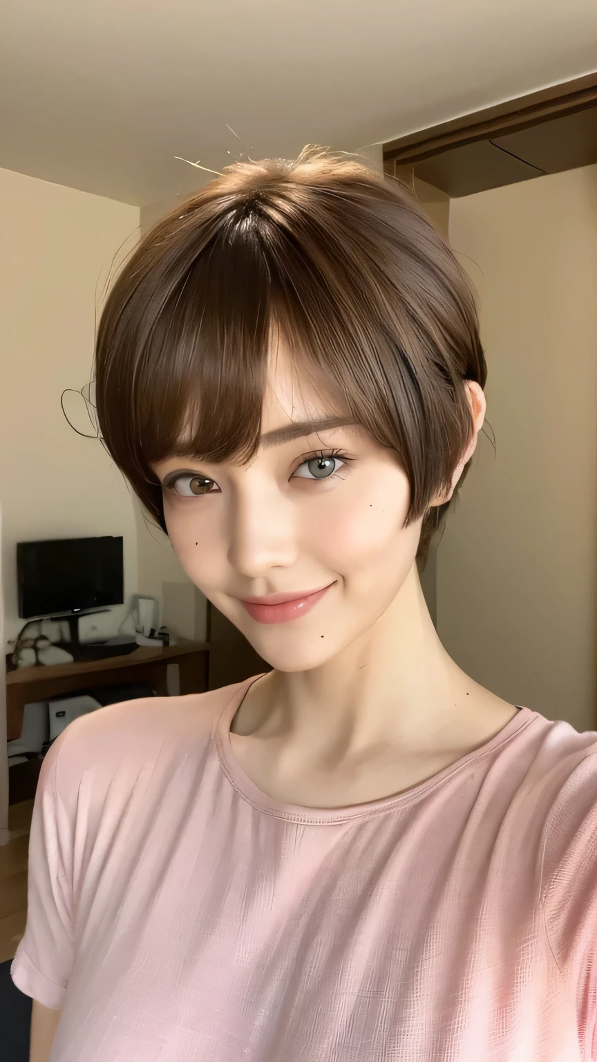 ((highest quality, 8k, masterpiece: 1.3)), 1 female, Japanese ,Sensual beauty: 1.3, (Hairstyle Brown Hair Pixie Cut: 1.2), Nightw: 1.1, Super slender face, Delicate eyes, double eyelid, Dimples,Mole, Home,relax,smile,Plump body,