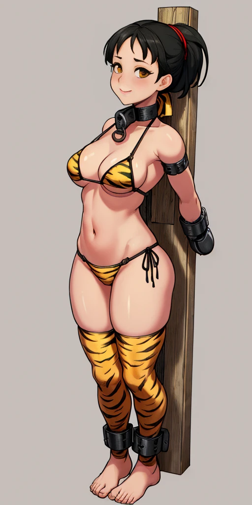 ((Masterpiece, 4k, plain background:1.2)) (handuffed behind her back)) Chun Lee Street Fighter full body standing straight symmetrical, standing chained pole bondage sex slave, yellow tiger bikini print, happy closed mouth red cheeks