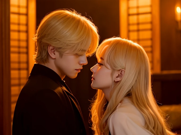 Two men and women, Blond man, JIMIN of BTS, A twenty-year-old woman with long hair, A scene from a movie, Sunset room