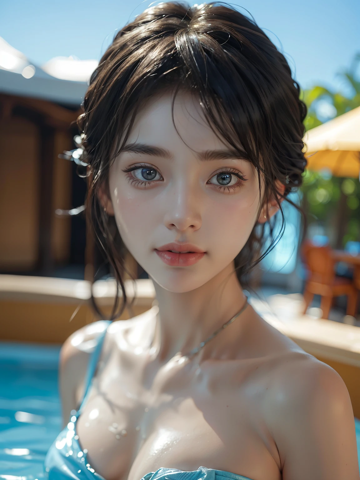 ((Highest quality, super detailed, super delicate)), ((Real: 1.37) ), ((Characteristic description of the face, precise expression)), Beautiful eyes, Beautiful eyes, Realistic eyes, Big eyes, Moisture eyes with eyes,
A beautiful woman alone, sunny weather, blue sky, clear blue water, micro bikini, black bikini, ruffled bikini, toned body, elastic buttocks, full body description, bright smile, looking at the camera, hotel pool,