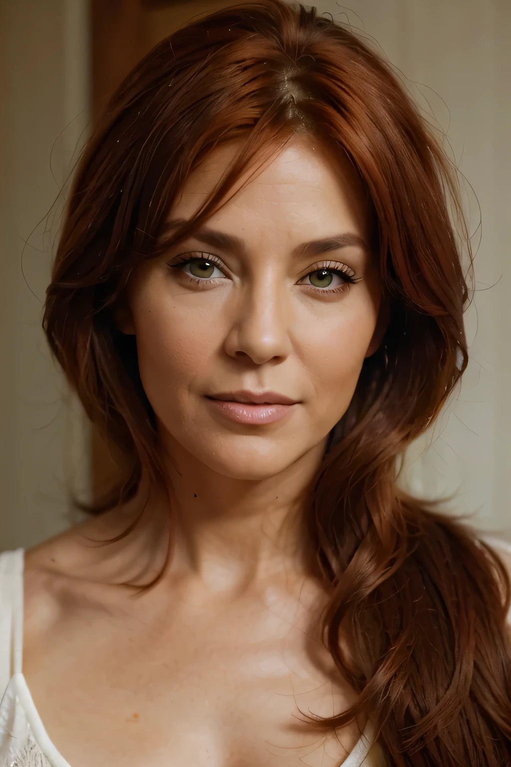 beautiful red hair 55 year old model with hispanic appearance. olive complexion and green eyes