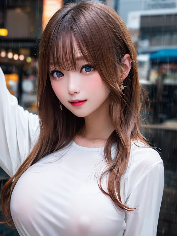 8k,Highest quality、High Quality Imageasterpiece、((Big Breasts))、Perfect look、Rain-soaked clothes、Beautiful woman、24-years-old、Exquisite Eyes