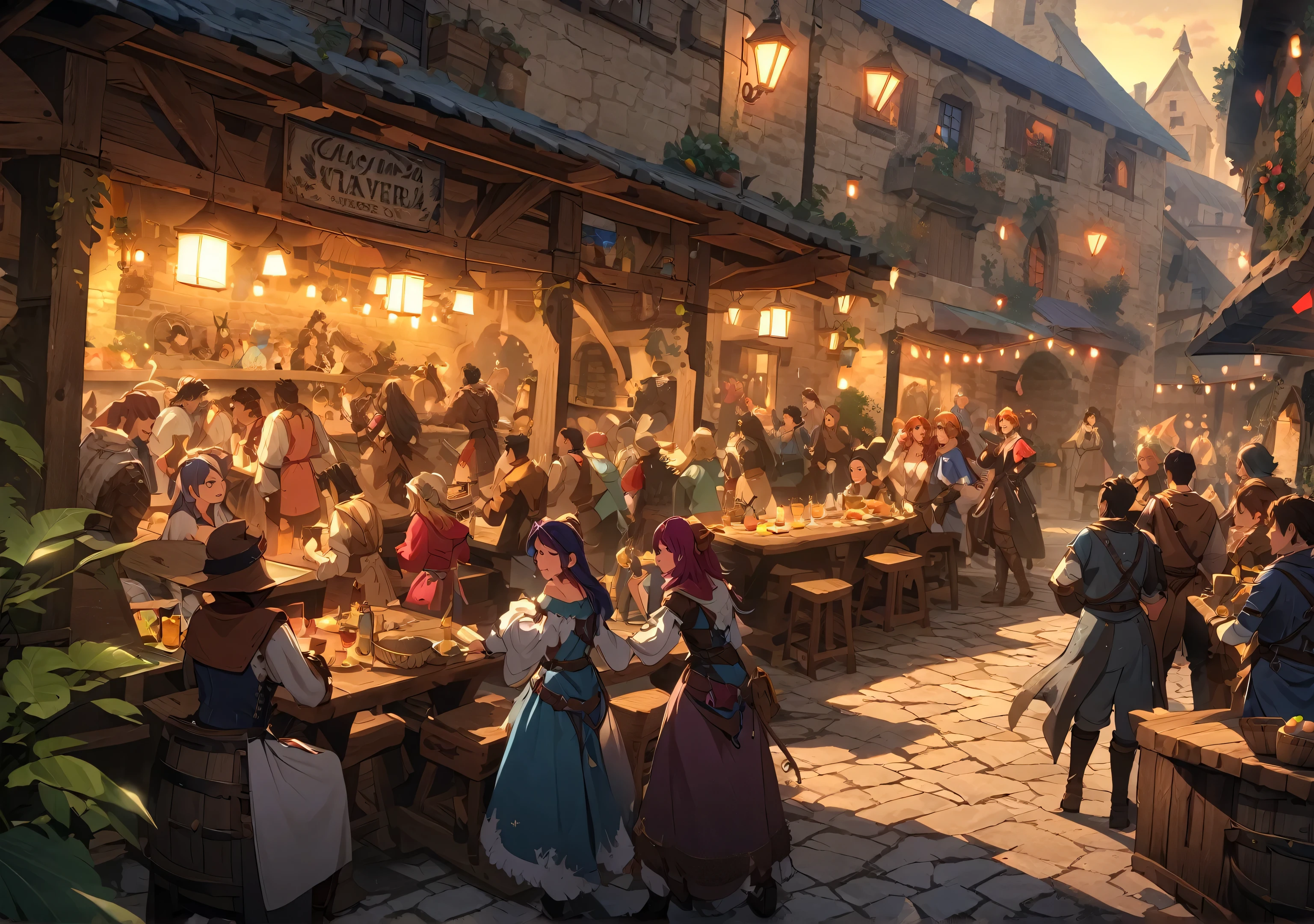 Maximum quality, absolute resolution, papel de parede da unidade 8k,ultra-detalhado,Taverna,RPG,Crowd,Fantasia,Atmosfera acolhedora e festiva,estilo impressionista,Luz suave, cores vibrantes,fundo desfocado,authentic brushstrokes,Grupo Aventureiros,ambiente medieval,taverna cheia,feeling of warmth and magic,Animado e cativante,por do sol,harmonious composition, captura artistica,Classic and timeless,Movimento,ethereal and enchanting,pintura ganha vida.=