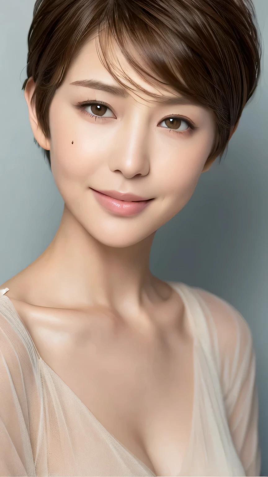 ((highest quality, 8k, masterpiece: 1.3)), 1 female, Japanese Mature,Sensual beauty: 1.3, (Hairstyle Brown Hair Pixie Cut: 1.2), Nightwear: 1.1, Super slender face, Delicate eyes, double eyelid, Dimples,Mole, Home,relax,smile,Plump body,