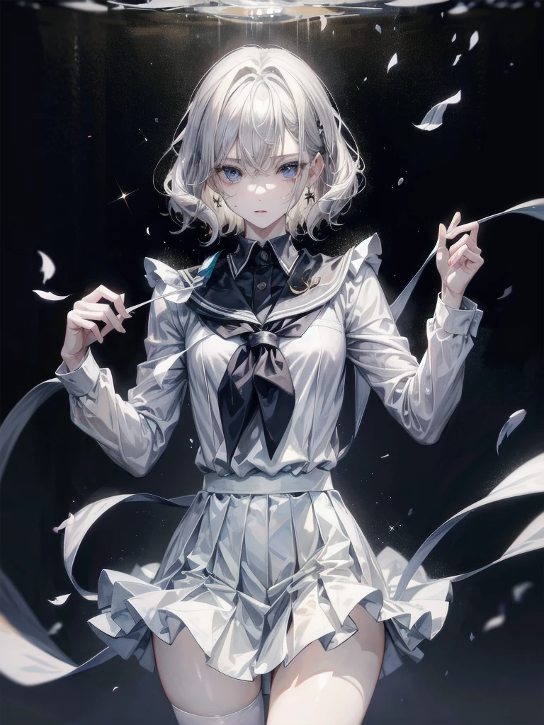 school_uniform, absurdres, RAW photo, extremely delicate and beautiful, masterpiece, Best Quality, ultra high resolution, 32k, hyperrealistic, ultra-detailed, detailed description, pale skin, 20 years old, tearful mole, earring, short medium hair, wavy hair, whole body shot,
