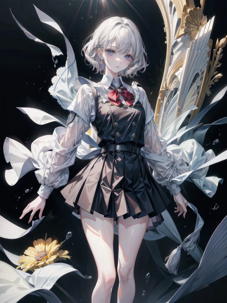 school_uniform, absurdres, RAW photo, extremely delicate and beautiful, masterpiece, Best Quality, ultra high resolution, 32k, hyperrealistic, ultra-detailed, detailed description, pale skin, 20 years old, tearful mole, earring, short medium hair, wavy hair, whole body shot,