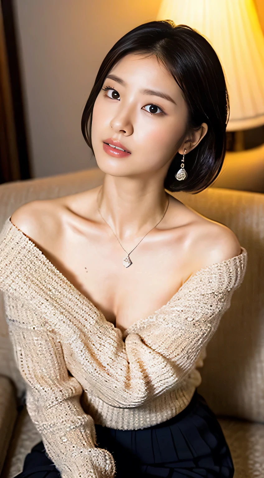 (Plain long sleeve knit blouse, Floral Print Skirt, Show beautiful thighs:1.5),
((I want to kiss you?, I want to fuck you?, cheat with me?:1.2)),
((Can you kiss my neck??, Can you touch my nipples??:1.2)),
((I like you, Come closer to me, Are you excited by my body??, Touch my breasts, I want to see under my skirt?:1.2))
((Sexy atmosphere, hold out your lips, Disheveled Hair, A sigh escapes)),
((Luxury Resort Hotel, Push her down on the sofa and make love, Caress the breasts, Take off your clothes, Put your hands inside your skirt, Pulling up the skirt while shy, Complete darkness, lamp:1.4)),
((20-year-old, Shiho Sada, Elegant beautiful female announcer:1.5)),
((Earrings that match your outfit, Silver Necklace:1.2)),
((Tilt your face slightly)),
((Squint your eyes)),
((purse your lips:1.2)),
((Blushing:1.2)),
((Small breasts,Flat Chest:1.2)),
Narrow shoulders, the lines of the body are thin, Thin waist, Long, slender legs,
Ultra-detailed skin, Glossy Skin, White skin, Ultra detailed face, Ultra detailed breasts,
Ultra-detailed eyes, Slit eyes, Brown eyes, double eyelid, Beautiful thin eyebrows, Thin, long eyelashes,
Ultra-detailed lips, Fuller lips, Glossy pink lips, Flushed Cheeks, White teeth,
Beautiful actress's languid make-up, Pink lipstick, Smoky eyeshadow, Eye foundation,
Dark Brown Hair, Delicate and soft hair, Hair blowing in the wind,
(Elegantly putting your hair up, short hair, Layered:1.2),