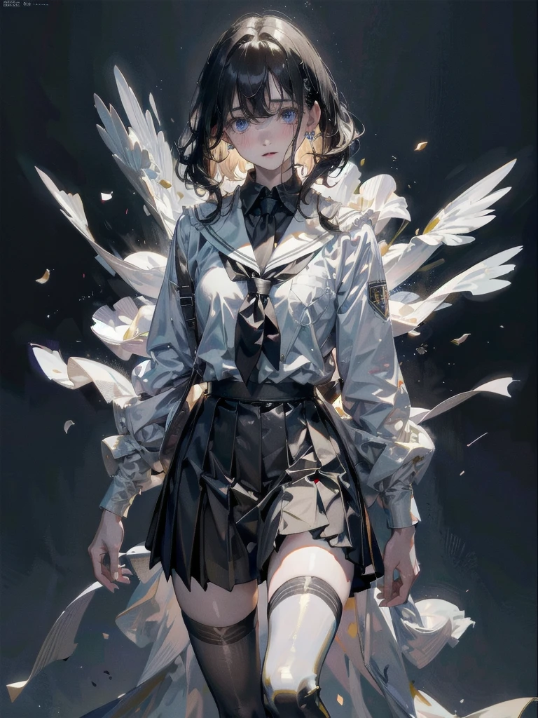 school_uniform, absurdres, RAW photo, extremely delicate and beautiful, masterpiece, Best Quality, ultra high resolution, 32k, hyperrealistic, ultra-detailed, detailed description, pale skin, 20 years old, tearful mole, earring, short medium hair, wavy hair, whole body shot,