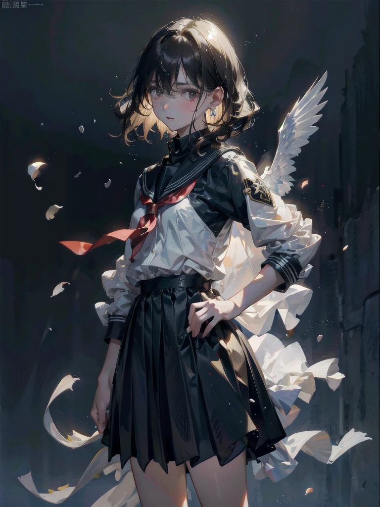 school_uniform, absurdres, RAW photo, extremely delicate and beautiful, masterpiece, Best Quality, ultra high resolution, 32k, hyperrealistic, ultra-detailed, detailed description, pale skin, 20 years old, tearful mole, earring, short medium hair, wavy hair, whole body shot,