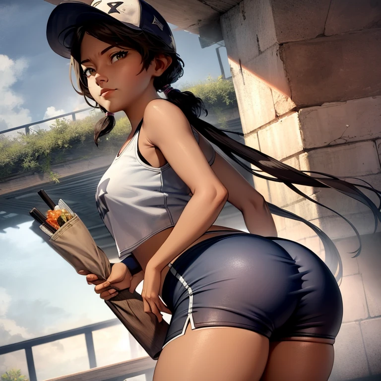 ((masterpiece, best quality)),(complex lighting) , solo,1girl,, clementine,  dark skin,dark-skinned female,  baseball cap, shorts, tight shorts, shirt, short twintails,crop top , big butt, thicc, 