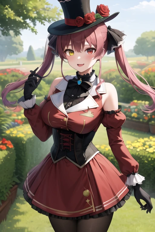 masterpiece, highest quality, High resolution, dd Marine, Twin tails, Drill Hair, Top Hat, Hat Flower, Heterochromia iridis, Black bow tie, Underbust, Exposing shoulders, Frills, Black Ribbon, Red dress, Removable sleeves, Red Sleeves, Long sleeve, corset, Black gloves, pantyhose, Are standing, Cowboy Shot, garden,