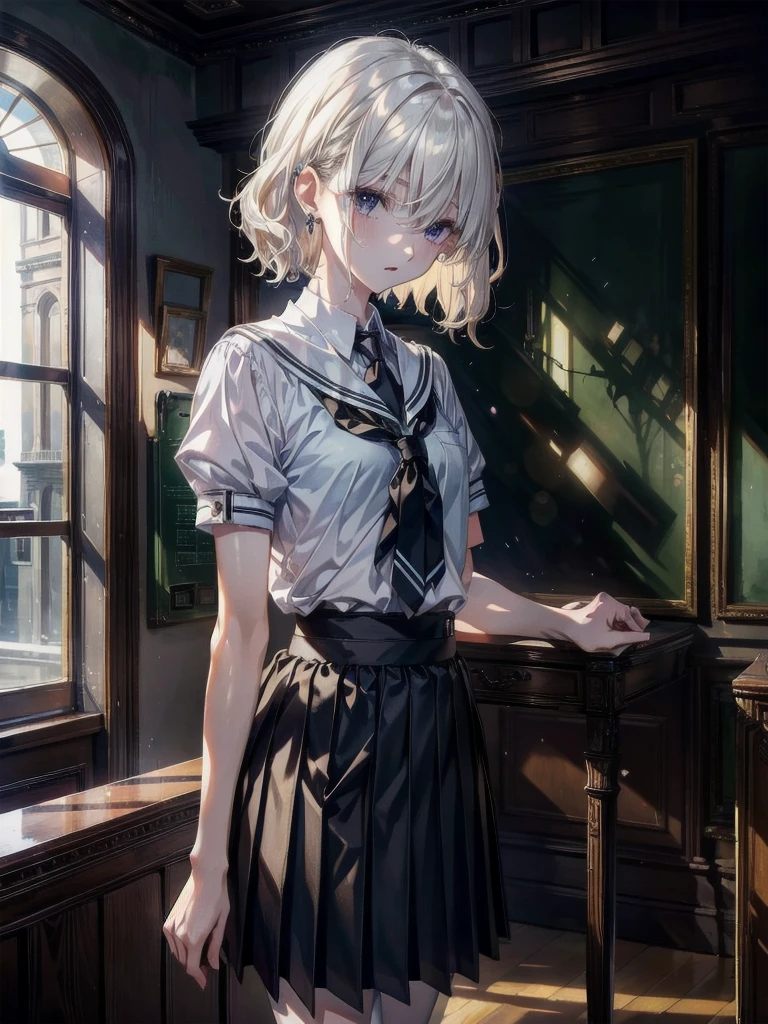 school_uniform, absurdres, RAW photo, extremely delicate and beautiful, masterpiece, Best Quality, ultra high resolution, 32k, hyperrealistic, ultra-detailed, detailed description, pale skin, 20 years old, tearful mole, earring, short medium hair, wavy hair, whole body shot,