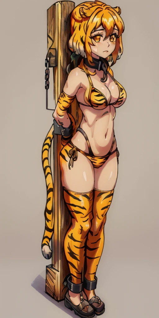 ((Masterpiece, 4k, plain background:1.2)) (handuffed behind her back)) Roxanne full body standing straight symmetrical, standing chained pole bondage sex slave, yellow tiger bikini print, happy closed mouth red cheeks
