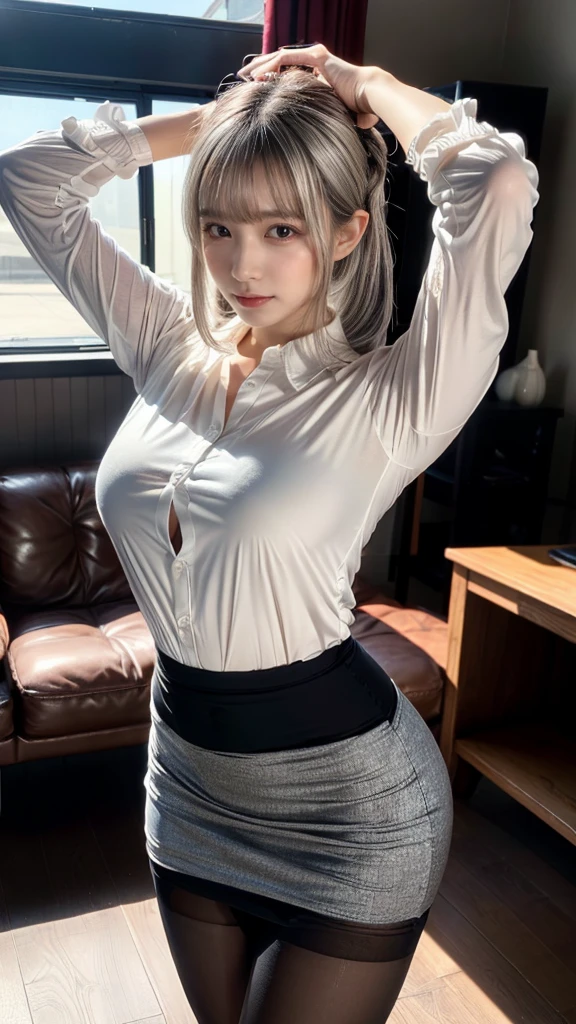 female sign, ((1 girl)), Ray tracing, (Dim lighting), (Detailed background (livingroom)), ((Silver hair)), ((Silver hair)), (Fluffy silver hair, plump and slender girl)) with high ponytail))) Avoid the golden eye in the sinister livingroom (((Girl in white shirt, black wrinkled skirt, with black transparent pantyhose), showing a delicate slim figure and graceful curves, perfect body shape, large breasts, Correct limbs, Hands behind the head, Hands behind the head, Eye details, Beautiful eyes, Delicate eyes, Protruding big