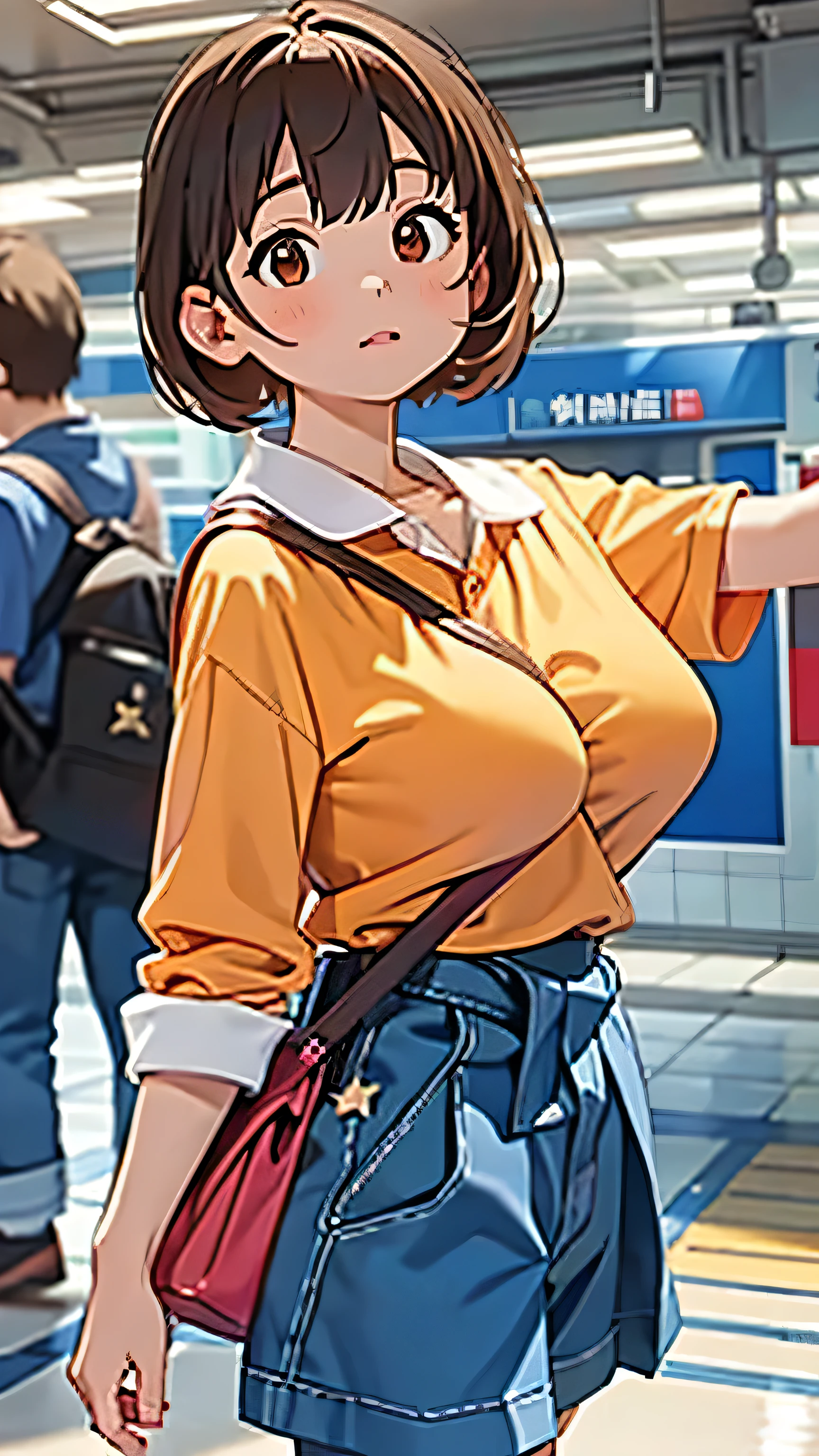 highest quality、8k、Ultra-high resolution、masterpiece、Professional Lighting、Clear photos、Realistic photos (1 cute Korean star) Reverse Hair, light makeup, Large breast size, At the train station,Anatomically correct body、Big Breasts、Very slim、Delicate body:1.4、Tight waist、Short Bob Hair、Brown Hair、She is wearing a tight orange polo shirt:1.8、Hang a black shoulder bag over your shoulders:1.6、hang a shoulder bag diagonally:1.8、