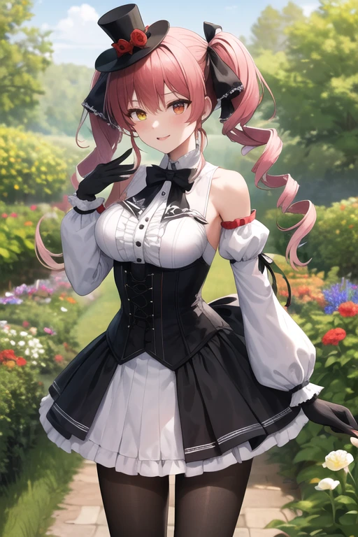 masterpiece, highest quality, High resolution, dd Marine, Twin tails, Drill Hair, Top Hat, Hat Flower, Heterochromia iridis, Black bow tie, Underbust, Exposing shoulders, Frills, Black Ribbon, Red dress, Removable sleeves, Red Sleeves, Long sleeve, corset, Black gloves, pantyhose, Are standing, Cowboy Shot, garden,