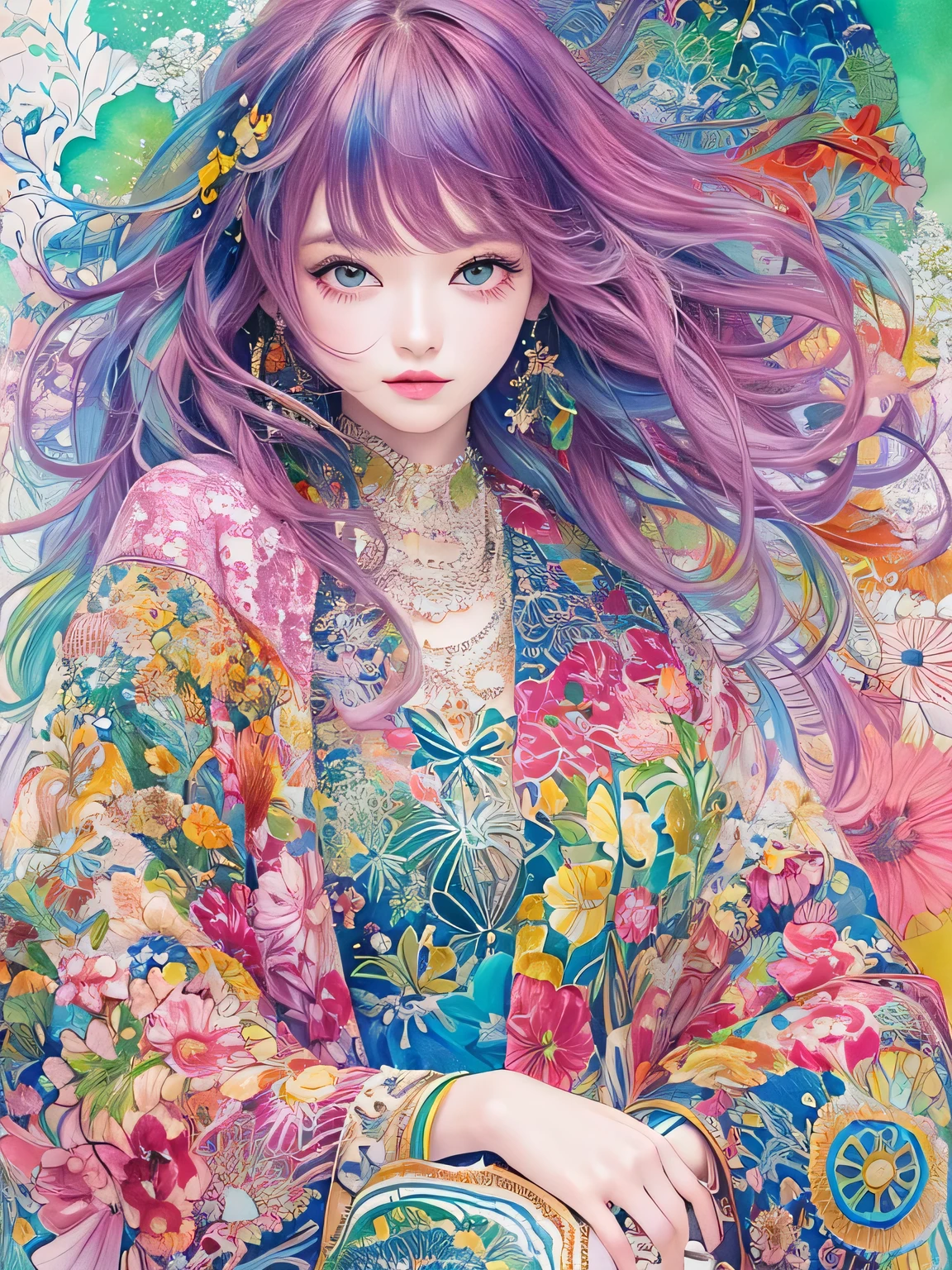 Hiromi Matsuo Style、(((stylish fashion))), 8K Quality、Intense watercolor, Detailed watercolor art, Watercolor splash, Surreal, avant-garde pop art, Beautiful and expressive paintings, Beautiful artwork illustration, Very colorful tones, wonderful, Cool beauty, highest quality、Official Art, Vector art, Stylish design, (((The most beautiful girl))), (((highest quality))), HDR, ((detailed)), (((Doodle Art)), ((masterpiece)), ((Super detailed)), (((Stylish))),