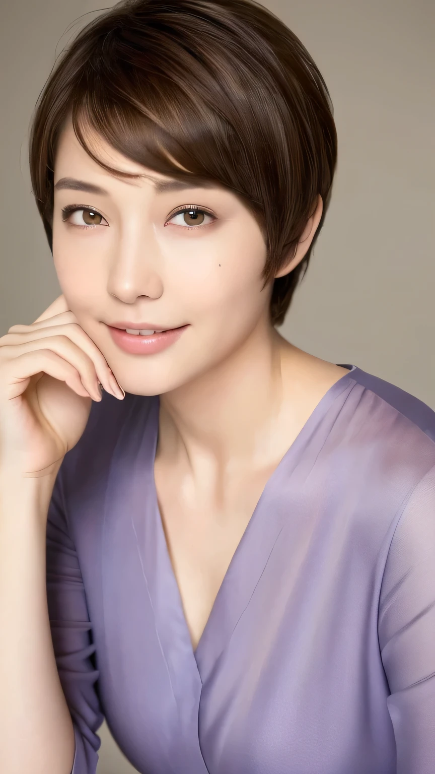 ((highest quality, 8k, masterpiece: 1.3)), 1 female, Japanese Mature,Sensual beauty: 1.3, (Hairstyle Brown Hair Pixie Cut: 1.2), Nightwear: 1.1, Super slender face, Delicate eyes, double eyelid, Dimples,Mole, Home,relax,smile,Plump body,