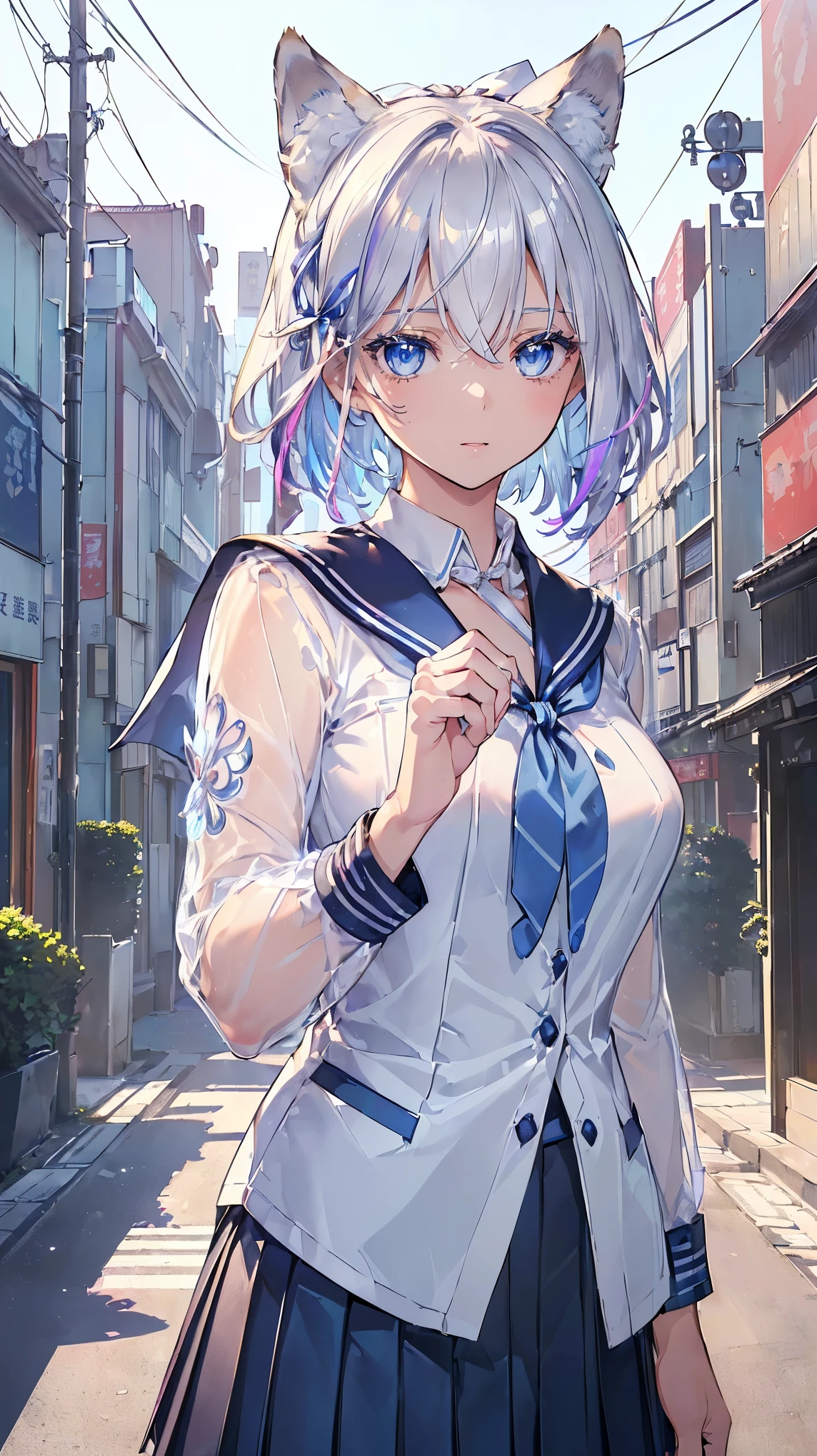 (((Masterpiece))), (((Highest quality))), ((Ultra-detailed)), ((Super fine illustration)), ((Ultra-fine painting)), (16K highest quality wallpaper:1.4), (Upper body:1.6), HDR, (Highly detailed and delicate illustration style:1.8), Detailed skin texture, Detailed cloth texture, Extreme detailed description, (T-masterpiece), (Highly detailed face:1.4)、(Highly detailed silver fox ears:1.2), (Highly detailed and shiny silver hair:1.2), (Highly delicate and clear blue eyes:1.2), Original, RAW photo, Professional, Intricate details, Super details, Direct light:1.6, (Perfect anatomy:1.4), (Highly detailed hands:1.2), (Highly detailed fingers:1.2), (Highly detailed fingertips:1.2), (18-years-old), (Solo:1.8), Real, (Sexy), (Sexy), ((Very beautiful and attractive silver fox female model in Japanese high school:1.4))
BRAKE
(Beautiful and adorable silver fox ears:1.6), (Highly detailed and delicate silver fox ears:1.2), (Beautiful and well-shaped big breasts:1.2), (Beautiful and well-shaped buttocks), (Very beautiful and shiny rainbow-colored hair, colorful hair:1.6), (Very beautiful and transparent blue eyes that shine in iridescent colors, colorful eyes:1.5), (Beautiful clear blue eyes with sparkling details:1.6), (Highly detailed face:1.4), (Smile:1.3), (looking at viewer:1.4)
BRAKE
(Very detailed and delicate (Sailor blouse, skirt:1.5) or (Blazer with ribbon or tie, white shirt and checked pleated skirt:1.5) for spring:1.2)
BRAKE
(day time:1.2), Walking to school, ((Very detailed and delicate street in Harajuku in Tokyo:1.6)), (Highly detailed and delicate background:1.4)
BRAKE 