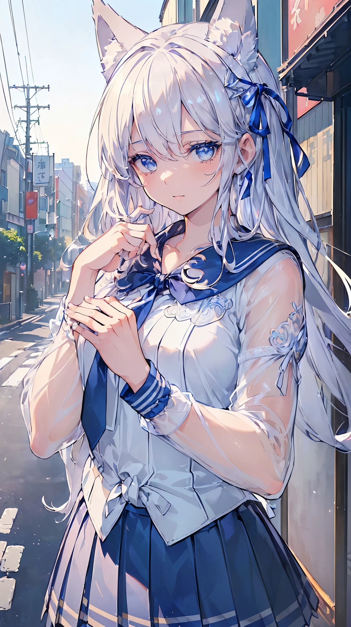 (((Masterpiece))), (((Highest quality))), ((Ultra-detailed)), ((Super fine illustration)), ((Ultra-fine painting)), (16K highest quality wallpaper:1.4), (Upper body:1.6), HDR, (Highly detailed and delicate illustration style:1.8), Detailed skin texture, Detailed cloth texture, Extreme detailed description, (T-masterpiece), (Highly detailed face:1.4)、(Highly detailed silver fox ears:1.2), (Highly detailed and shiny silver hair:1.2), (Highly delicate and clear blue eyes:1.2), Original, RAW photo, Professional, Intricate details, Super details, Direct light:1.6, (Perfect anatomy:1.4), (Highly detailed hands:1.2), (Highly detailed fingers:1.2), (Highly detailed fingertips:1.2), (18-years-old), (Solo:1.8), Real, (Sexy), (Sexy), ((Very beautiful and attractive silver fox female model in Japanese high school:1.4))
BRAKE
(Beautiful and adorable silver fox ears:1.6), (Highly detailed and delicate silver fox ears:1.2), (Beautiful and well-shaped big breasts:1.2), (Beautiful and well-shaped buttocks), (Very beautiful and shiny rainbow-colored hair, colorful hair:1.6), (Very beautiful and transparent blue eyes that shine in iridescent colors, colorful eyes:1.5), (Beautiful clear blue eyes with sparkling details:1.6), (Highly detailed face:1.4), (Smile:1.3), (looking at viewer:1.4)
BRAKE
(Very detailed and delicate (Sailor blouse, skirt:1.5) or (Blazer with ribbon or tie, white shirt and checked pleated skirt:1.5) for spring:1.2)
BRAKE
(day time:1.2), Walking to school, ((Very detailed and delicate street in Harajuku in Tokyo:1.6)), (Highly detailed and delicate background:1.4)
BRAKE