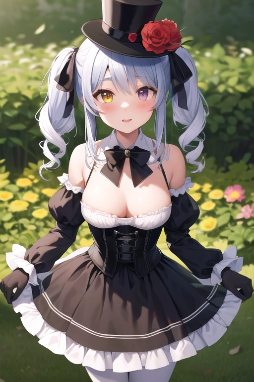 masterpiece, highest quality, High resolution, dd Marine, Twin tails, Drill Hair, Top Hat, Hat Flower, Heterochromia iridis, Black bow tie, Underbust, Exposing shoulders, Frills, Black Ribbon, Red dress, Removable sleeves, Red Sleeves, Long sleeve, corset, Black gloves, pantyhose, Are standing, Cowboy Shot, garden,