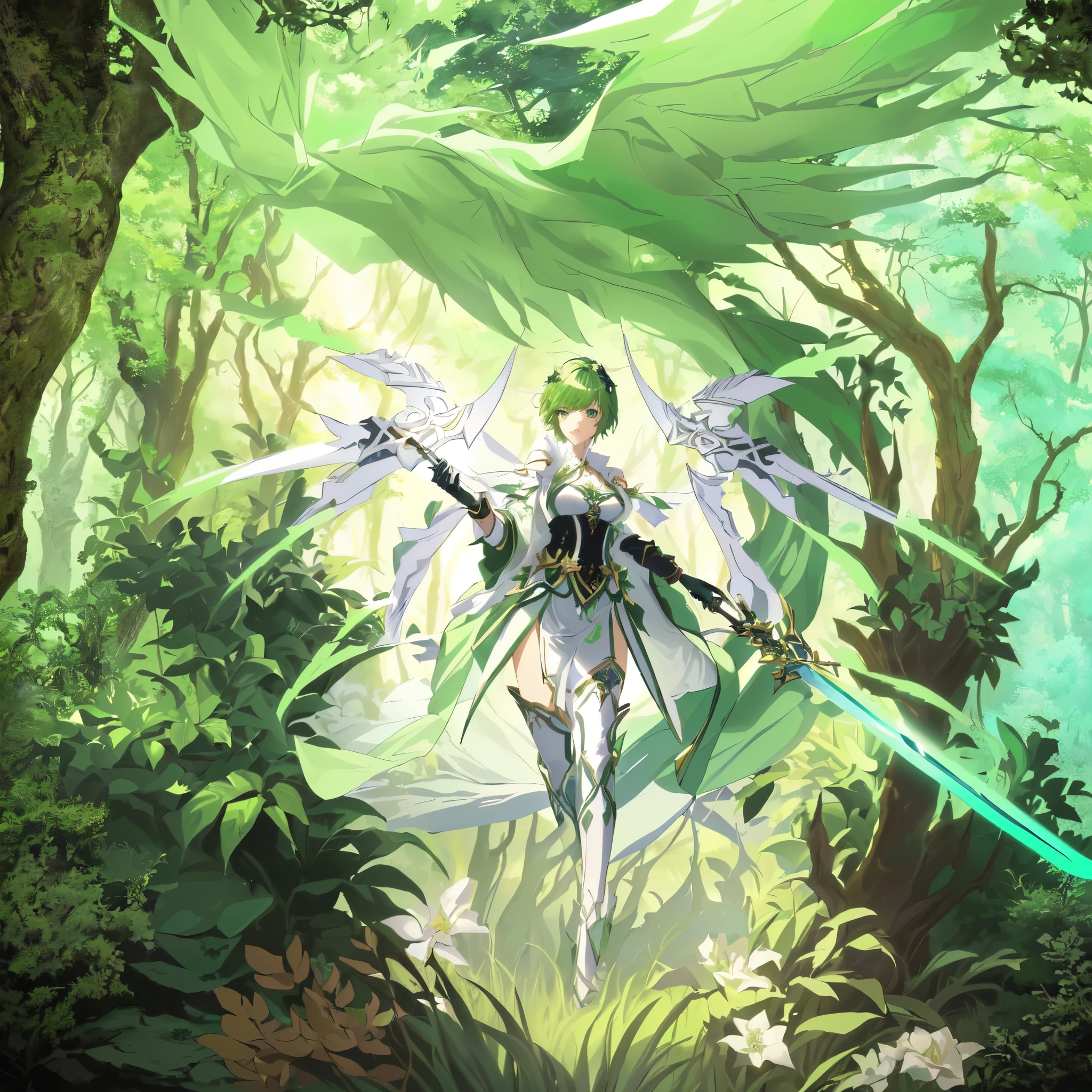 Anime style female figure holding a sword in the forest,(((Green short hair forest goddess))),Green eyes,((Wearing a long white dress)),Anime Goddess, Fairy Queen of the Summer Forest, Anime Fantasy Artwork, Detailed key animation art, Anime fantasy illustration, Official Artwork, Anime epic artwork,Official Art, Official anime original image