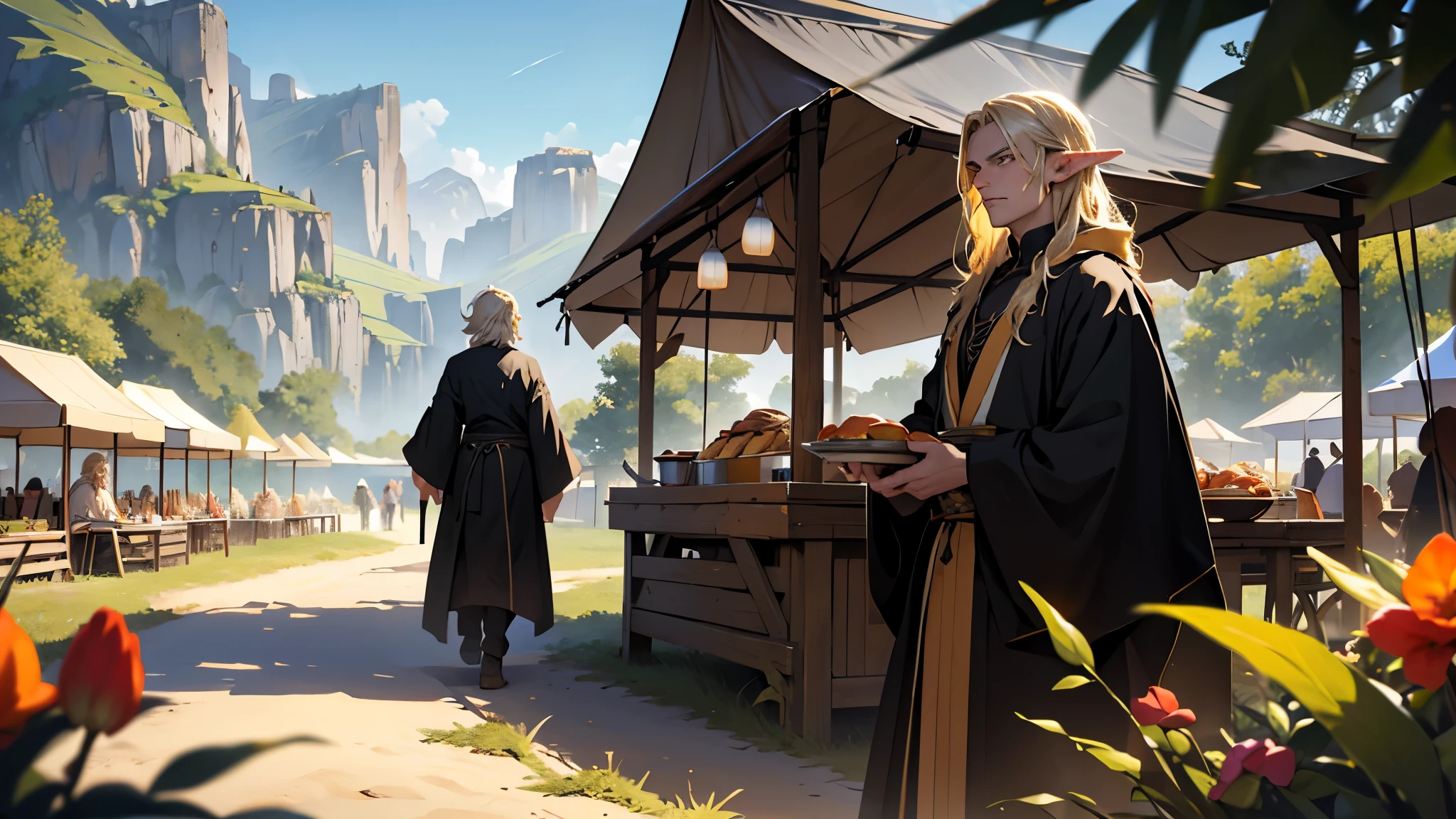 4k ultra HD half-elf man, young, white-blonde hair, gentle golden orange eyes, wearing black robes, fantasy landscape faire grounds tents and booths colorful stripes Carnivale food stalls set up in a field, crops in the distance