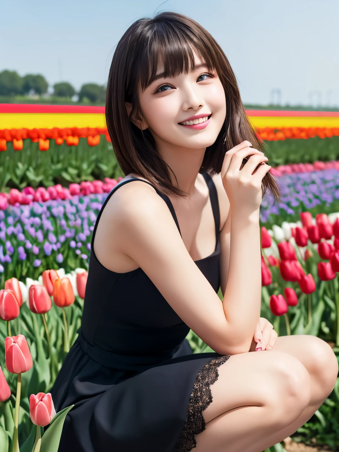 (squat)、(highest quality:1.5)、(Realistic:1.5)、(1 person:1.5)、(Very detailed)、(High resolution)、8k、(Wear a dark dress with lace)、(Small breasts)、Natural color lips、Cute Smile、20-year-old girl、(Beautiful and elaborate face)、(Perfect and beautiful face)、(Big eyes)、(Beautiful and elaborate face)、(Beautiful, balanced eyes)、Beautiful double eyelids、Perfect and beautiful face、Arched thin eyebrows、Cute pose、Slim face、(Slim figure)、Beautiful and thin nose、 Beautiful Skin、(Medium Bob Hair)、Natural Bangs、Fair skin、Front lighting、(Lighting the face)、Deep blue eyes、Slim waistline、(A hill full of colorful tuliplim and beautiful legs、Tulip Fields、