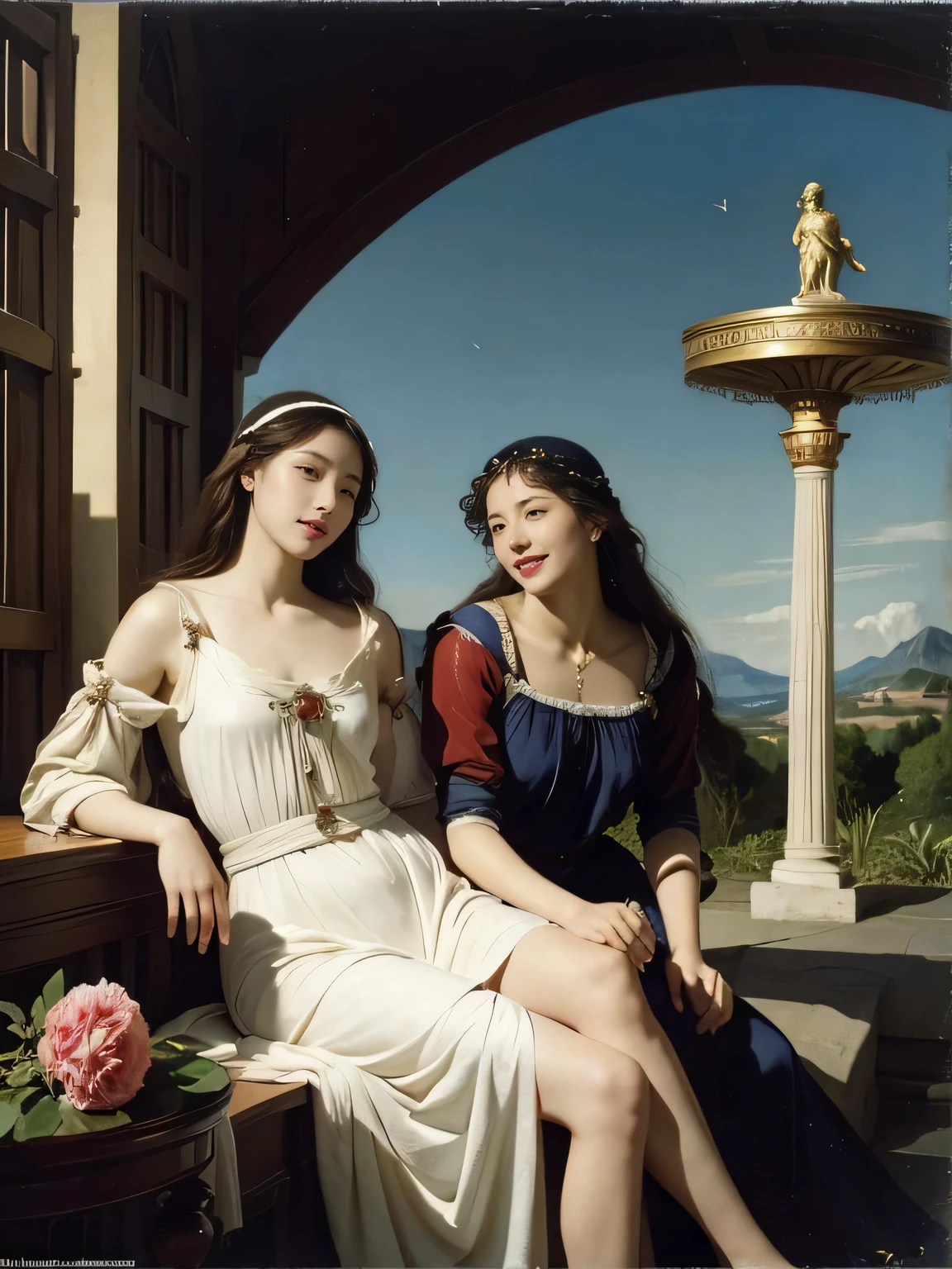Female angel with two white wing,full body portrait or statue、Sandro Botticelli painting style,Arguments of two female Philosophe,math、astronomical machine、astronaut、roses in vase、fruits、Cute trinkets、smile、ancient greek costume、Ancient Roman landscape in the style of Nicolas Poussin,laughter,,Sweet and seductive appearance.、Caravaggio's paintings、Chiaroscuro of Caravaggio、hair tousled by the wind,Two women frolicking,cute smile, expression of ecstasy,Sexy,erotic