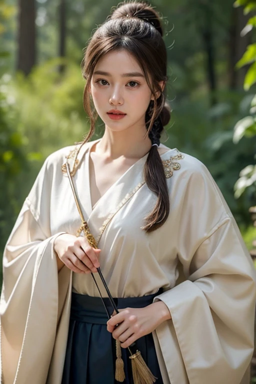 8K, ultra hd, masterpiece, very realistic, 1 girl, elegant, ornate, accessories, beautiful ancient archery costumes , 4 costumes, Japanese girl, 4 hairstyles - pig tail, ponytail, french briads, slong hair with side bangs, brown hair, brown eyes, perfect lips, icy eyes, no smile but elegant ,very detailed face and skin, best quality , holding big beautiful ornate bow, in the forest
