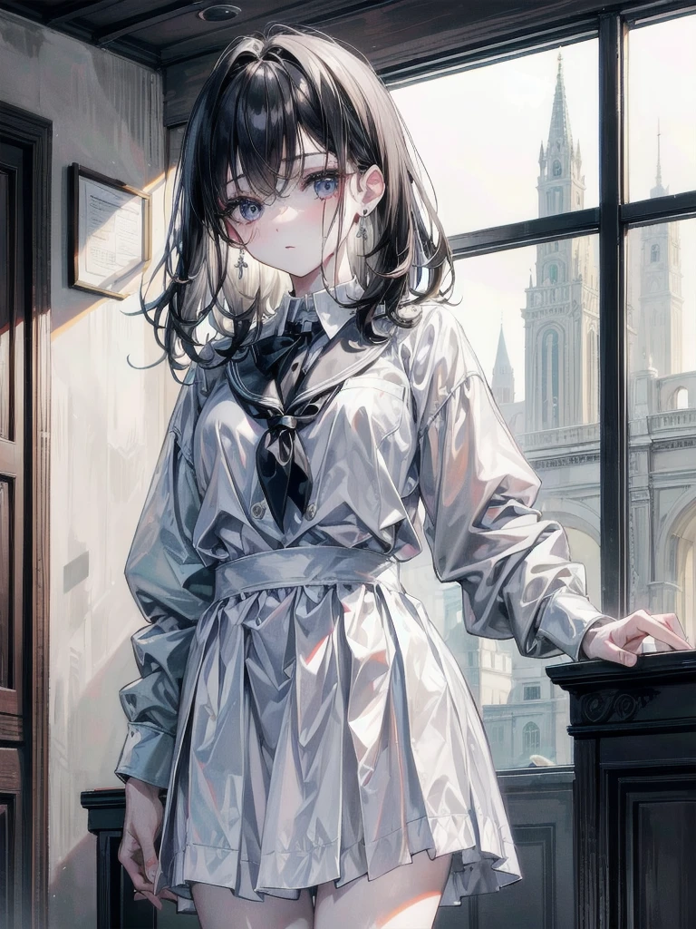 school_uniform, absurdres, RAW photo, extremely delicate and beautiful, masterpiece, Best Quality, ultra high resolution, 32k, hyperrealistic, ultra-detailed, detailed description, pale skin, 20 years old, tearful mole, earring, short medium hair, wavy hair, whole body shot,