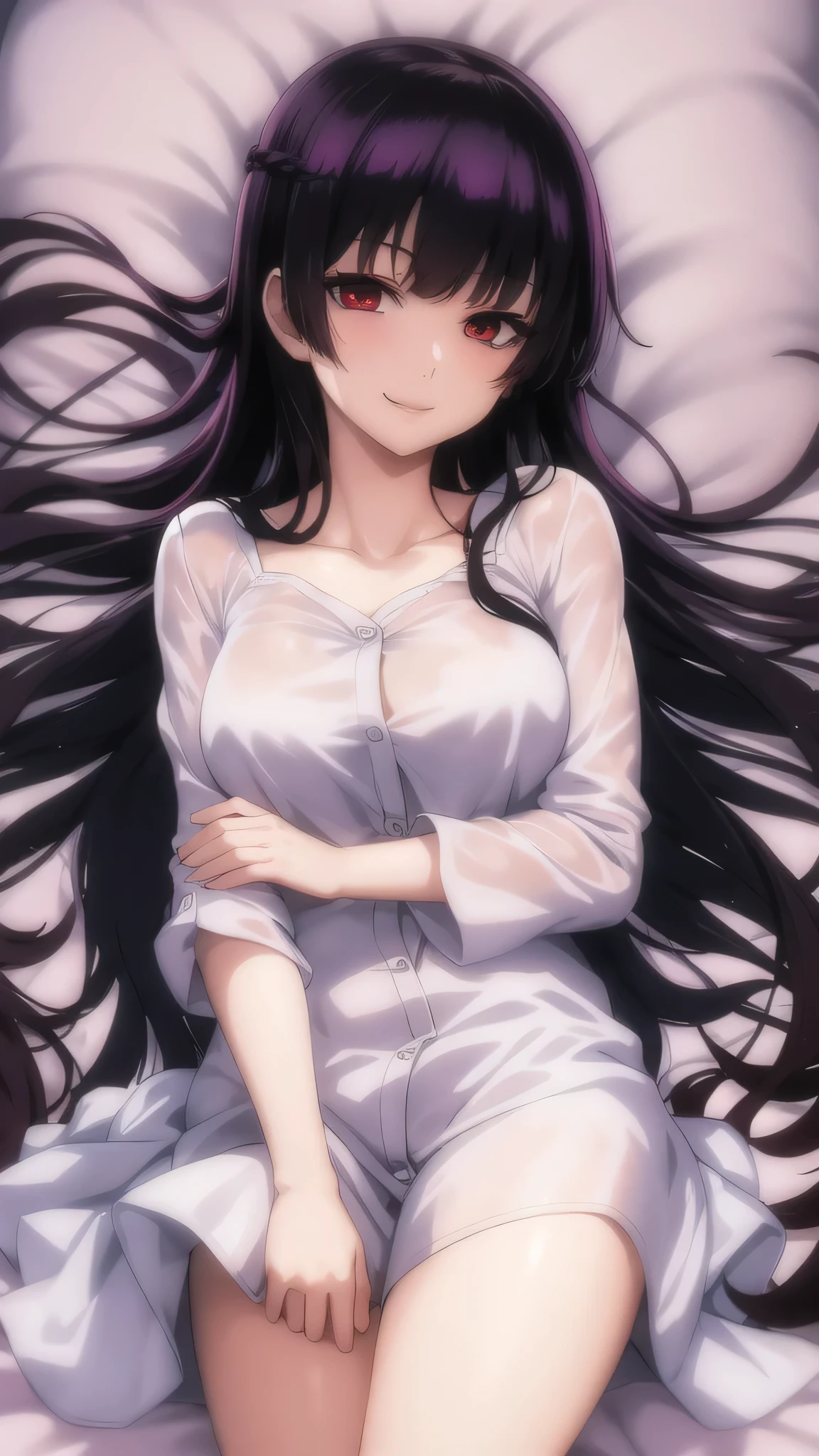 1girl, masterpice, high quality, best quality, 5fingers, good hands and fingers, official art, (8k), (pixiv), (solo), laying in bed, dakimakura, top down view, (evil smile), looking at viewer, konoe_yuuko, very long hair, ghost, flannel skirt, baggy shirt, white headband, red eyes, purple hair, night , 