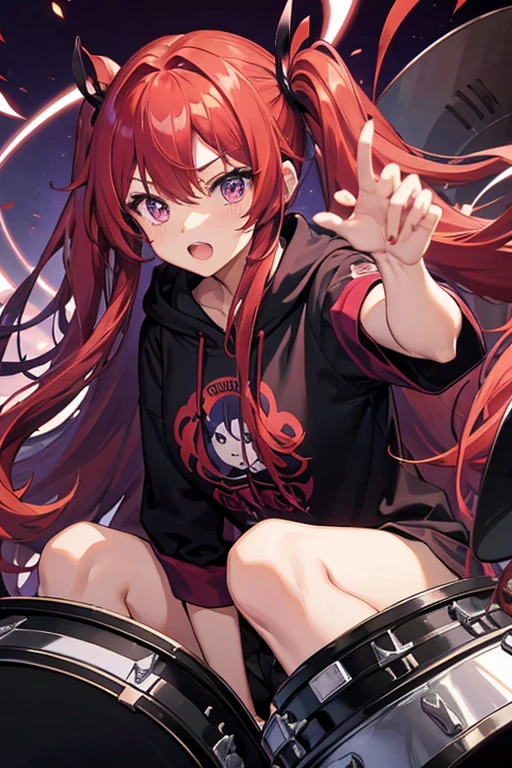 background through, long hair、straight hair、Crimson red hair girl, purple eyes、Super high quality, 8K、Upper body、purple background、drummer、black hoodie、purple drum、big tits, Crimson red-haired girl、black hoodie、playing drum, drum stick, playing drum,twintails,Five Fingers