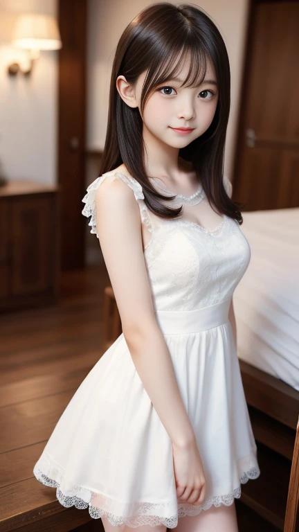 short hair、Very beautiful 14 year old cute girl、Sexy and very beautiful、very cute face，Extremely beautiful、White lace dress