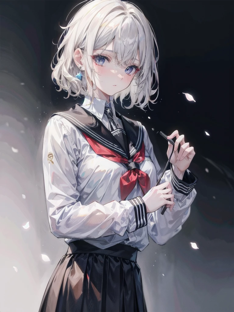 school_uniform, absurdres, RAW photo, extremely delicate and beautiful, masterpiece, Best Quality, ultra high resolution, 32k, hyperrealistic, ultra-detailed, detailed description, pale skin, 20 years old, tearful mole, earring, short medium hair, wavy hair, whole body shot,