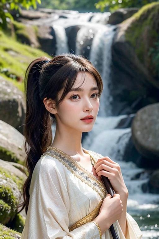 8K, ultra hd, masterpiece, very realistic, 1 girl, elegant, ornate, accessories, beautiful ancient archery costumes , 4 costumes, Japanese girl, 4 hairstyles - pig tail, ponytail, french briads, slong hair with side bangs, brown hair, brown eyes, perfect lips, icy eyes, no smile but elegant ,very detailed face and skin, best quality , holding, in the forest , near the waterfall